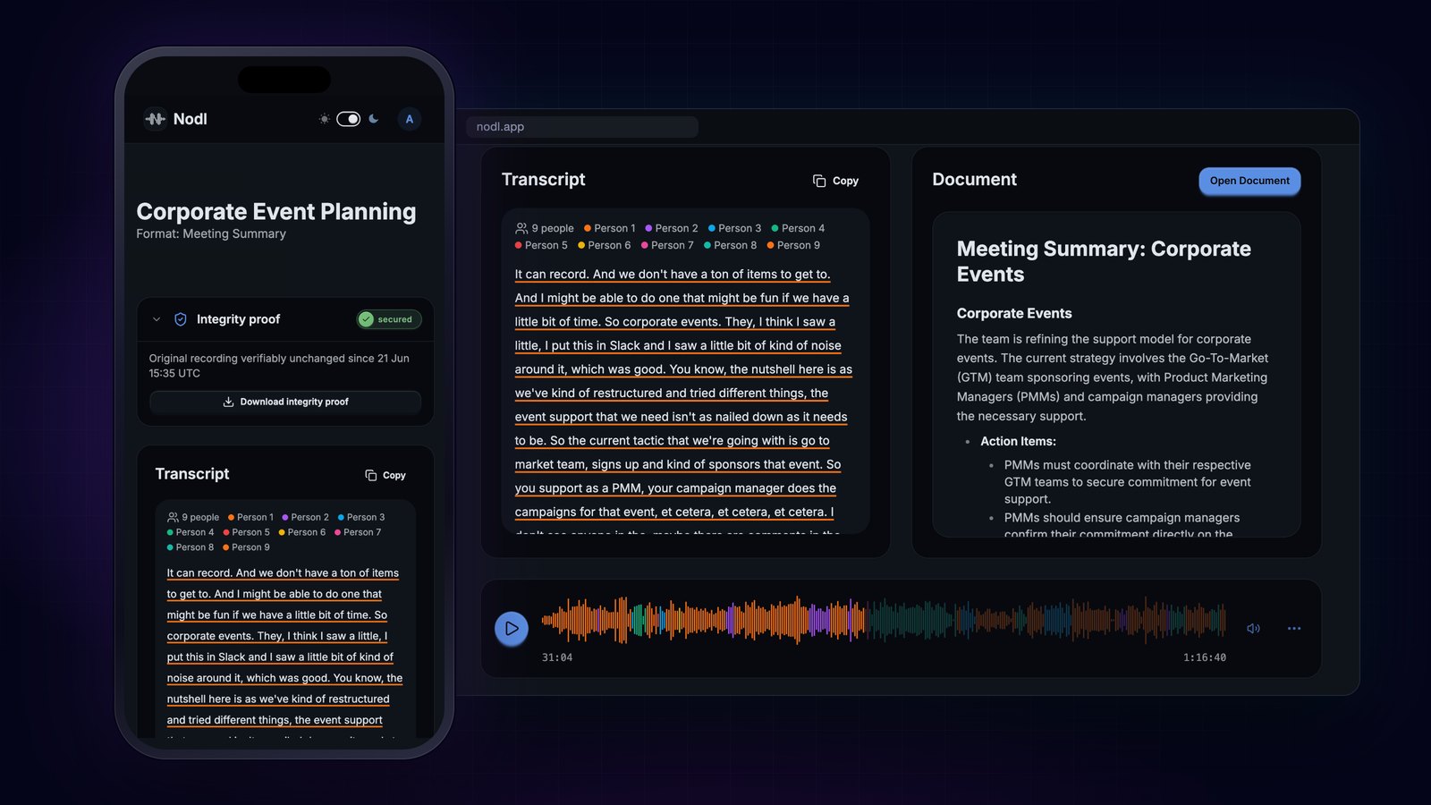 Nodl on phone and desktop: recording with integrity proof, speaker-labelled transcript and finished document