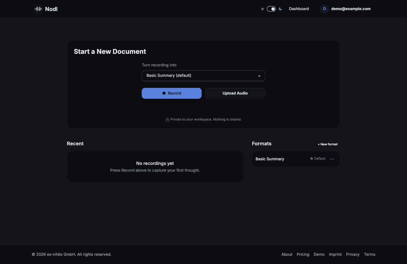 Nodl app dashboard — record audio and turn it into structured documents