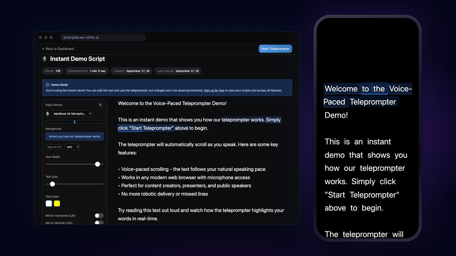 Teleprompter editor in the browser with recognised words highlighted, next to a phone showing the beamed script in large type