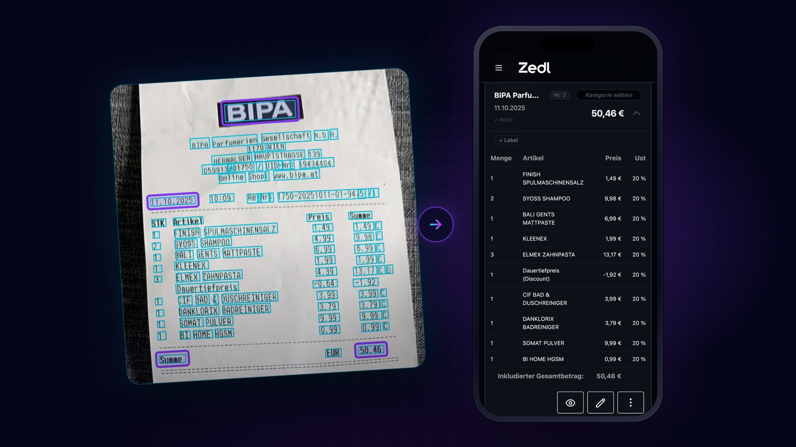 BIPA receipt photo with detected text boxes, next to the Zedl app showing the extracted line items, prices and tax rates